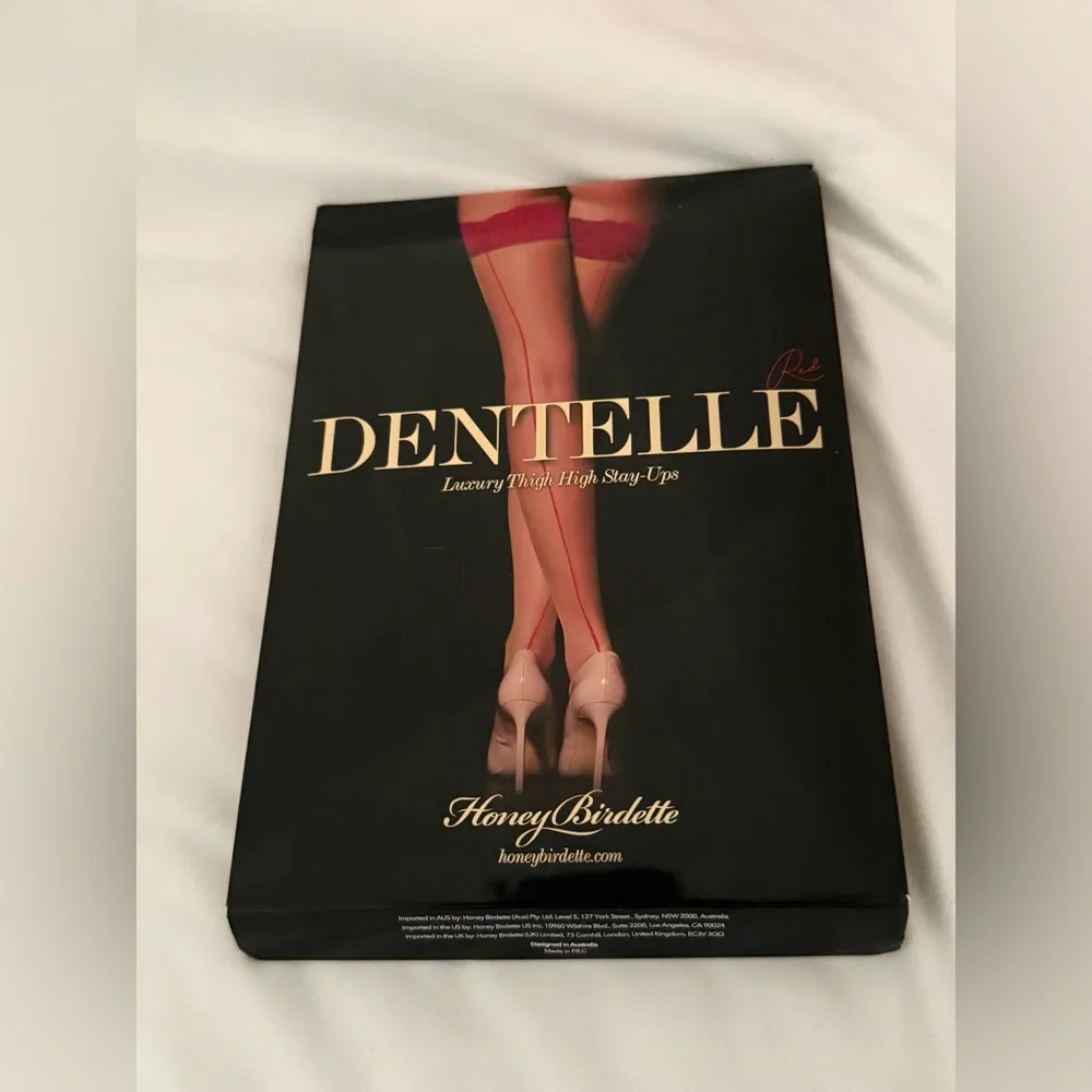 Honey Birdette Dentelle Stay Ups Thigh Highs NAT/RED Lace Top 20 Denier New‎ L